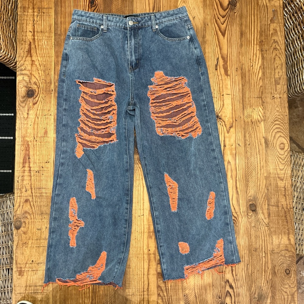 AKIRA Blue and Orange Distressed Straight Leg Jeans